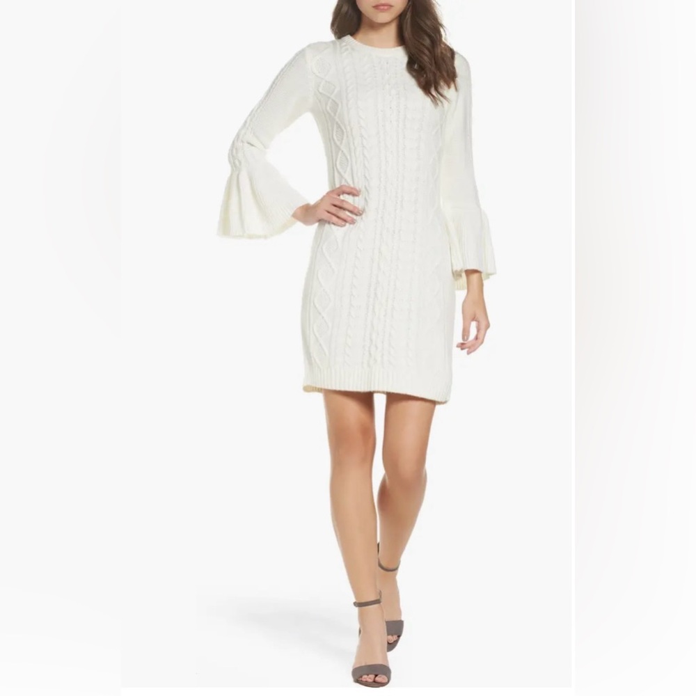 Elegant Bell Sleeves Eliza J White Cable Knit Dress in XL